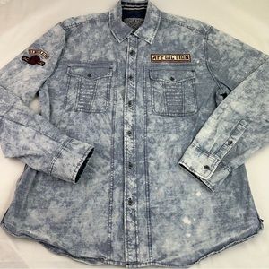 AFFLICTION Mens XL Long Sleeve Button Down Shirt FORT STORY Embroidered Patch